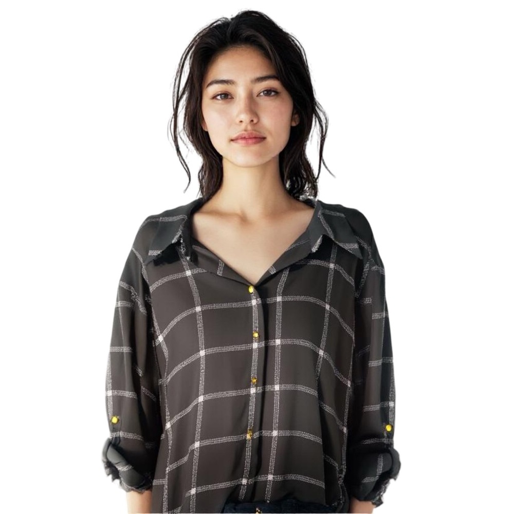 Spense Black White Check Window Pane Button Up Blouse with Gold Buttons